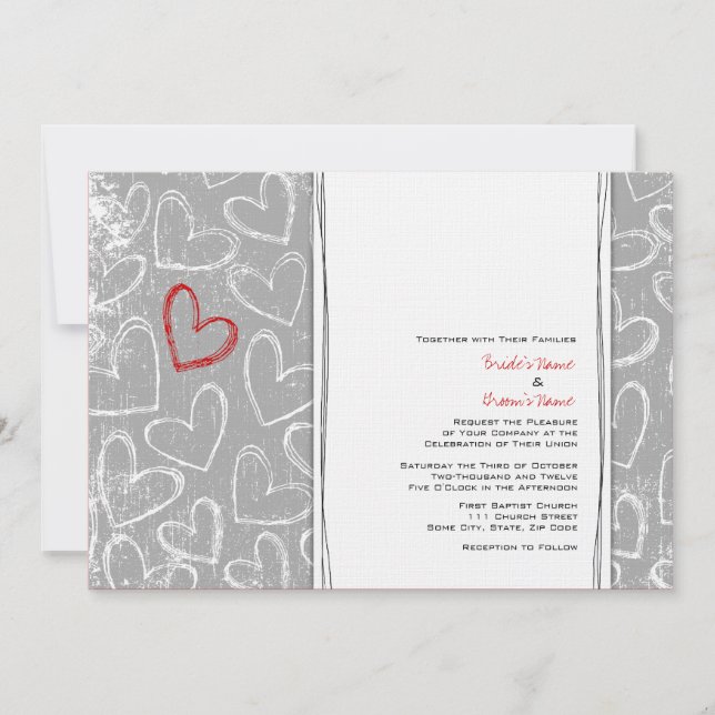 Graue und rote Grunge Herz für Hochzeiten Einladung (Vorderseite)