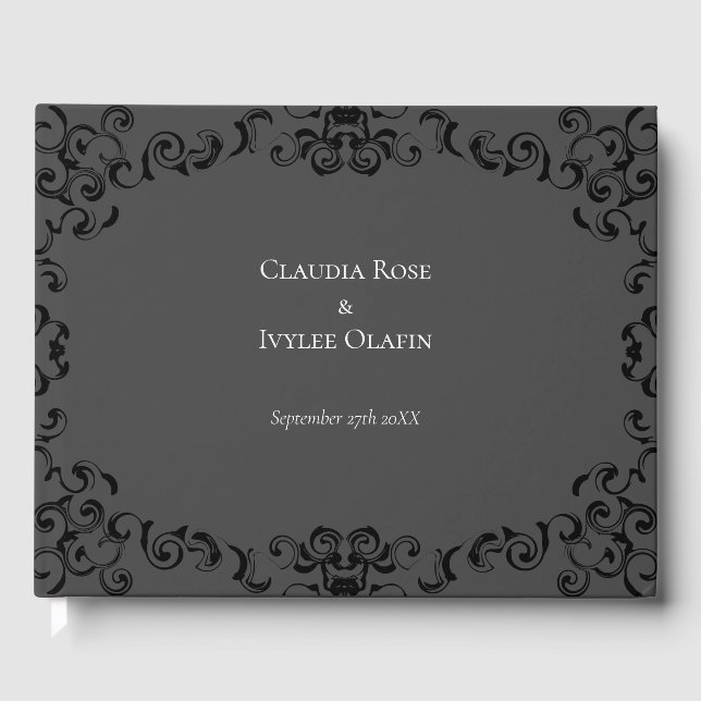 Graue und schwarze Swirl Gothic Wedding Gästebuch (Vorderseite)