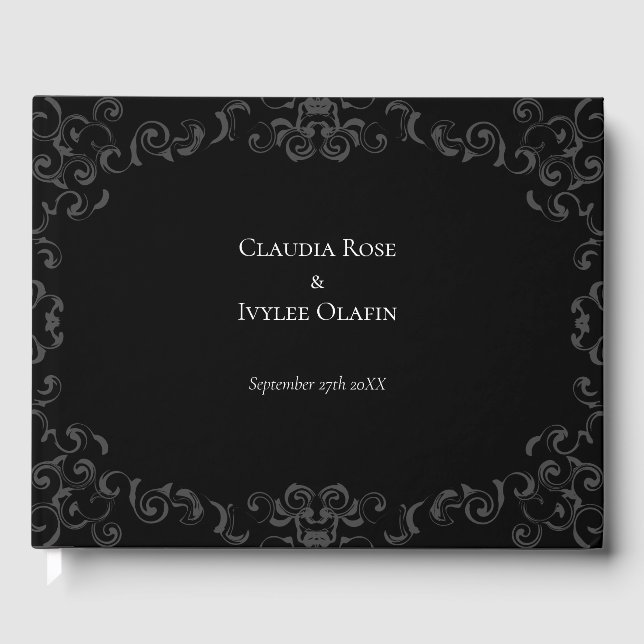 Graue und schwarze Swirl Gothic Wedding Gästebuch (Vorderseite)