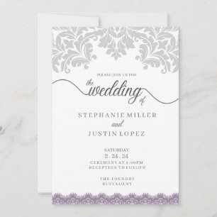 Graue und staubige lila Schriftrolle Hochzeitseinl Einladung