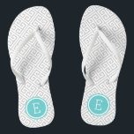 Graue und türkisfarbene griechische Schlüsselmonog Flip Flops<br><div class="desc">Maßgeschneiderte,  bedruckte Flop-Sandalen mit einem stilvollen,  modernen griechischen Schlüsselmuster und einem eigenen Monogramm oder einem anderen Text in einem Kreisrahmen. Klicken Sie auf Anpassen,  um Schriftart und Farben zu ändern oder eigene Bilder hinzuzufügen,  um ein einzigartiges Design zu erstellen!</div>
