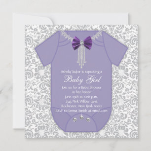Graue und violette Damast-Baby-Party für Mädchen Einladung