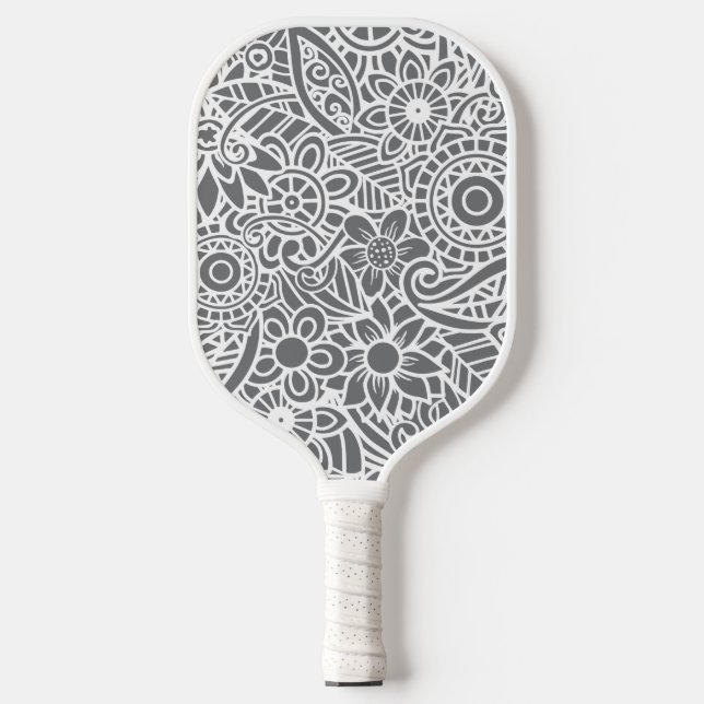 Graue und weiße Abstrakte Flora tropisch-hawaiisch Pickleball Schläger (Vorderseite)