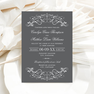 Graue und weiße aufwendige Schriftrolle Hochzeit Einladung