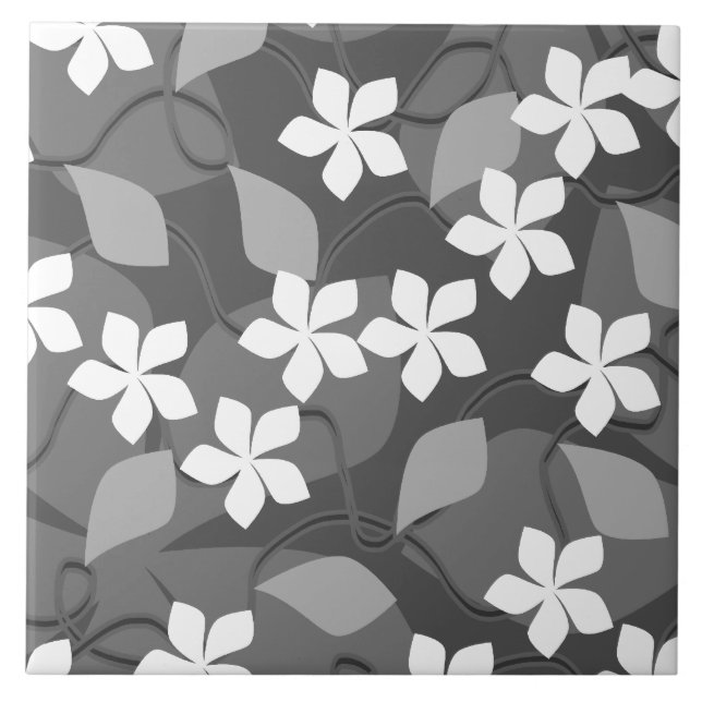Graue und weiße Blumen. Blumenmuster Fliese (Vorderseite)