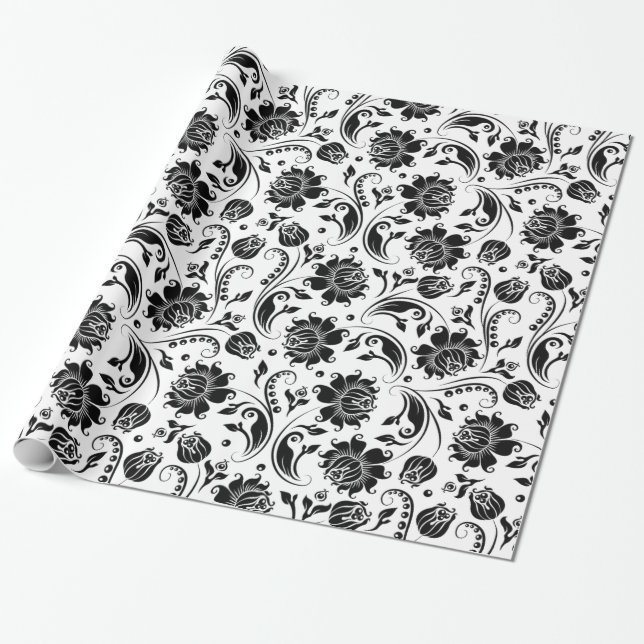 Graue und weiße Damasken Geschenkpapier (Ungerollt)