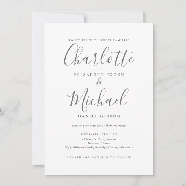 Graue und weiße, elegante Script QR Code Hochzeit Einladung (Vorderseite)