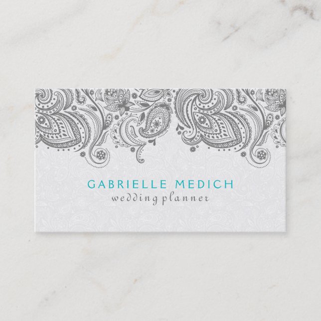 Graue und weiße Flora Paisley Lace Visitenkarte (Vorderseite)
