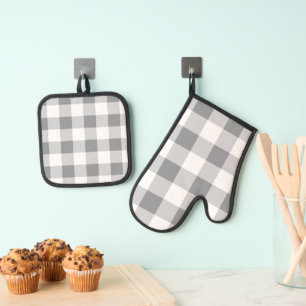 Graue und weiße Gingham-Muster Ofenhandschuh & Topflappen-Set