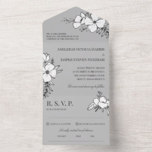Graue und weiße hübsche Blumen Hochzeit All In One Einladung