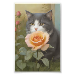 Graue und weiße Katze mit einer Pfirsichrose Fotodruck