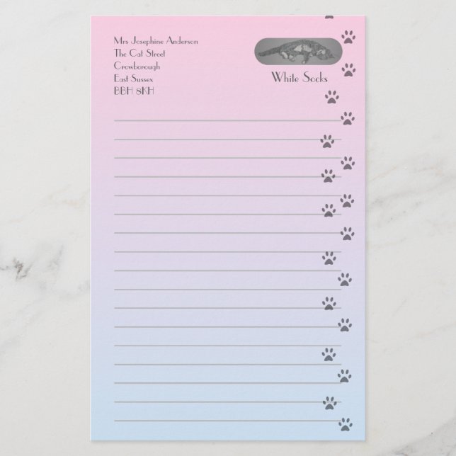 Graue und weiße Katze mit Katzen-Abdrücken Briefpapier (Vorderseite)