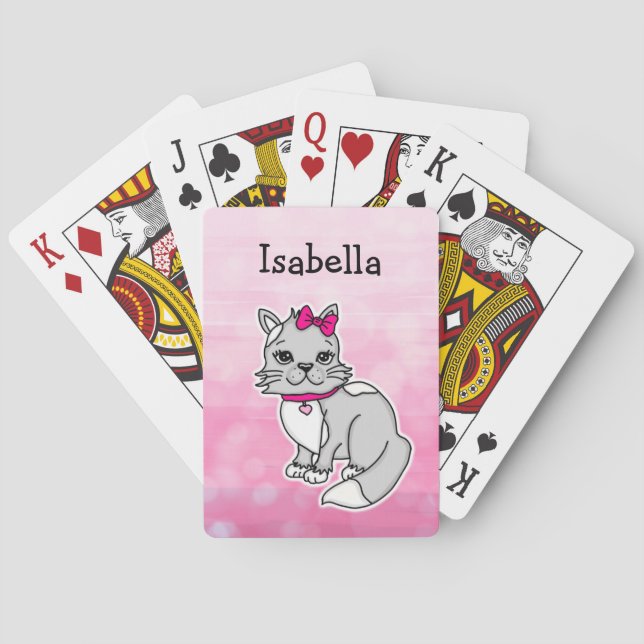 Graue und weiße Katze Personalisiertes Mädchen Pin Spielkarten (Rückseite)