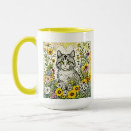 Graue und weiße Katze Sitzen in Blume Tasse