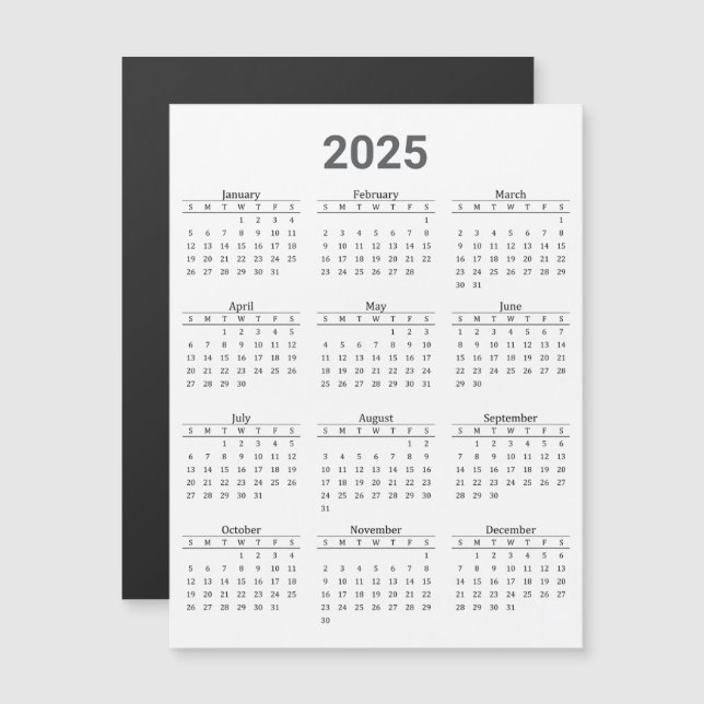 Graue und weiße Magnetkarte 2025 Jährlicher Kalend (Vorne/Hinten)