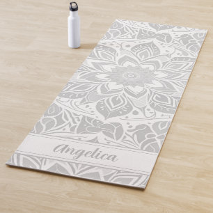 Graue und weiße Mandala Yoga Mat mit eigenem Namen Yogamatte