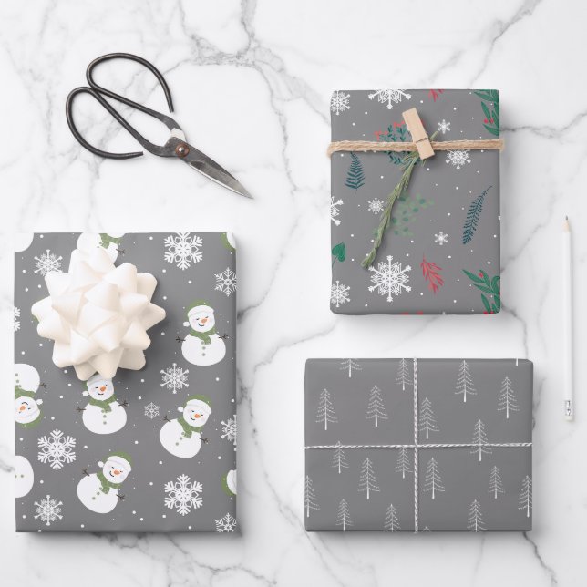 Graue und weiße Niedliche Winterschneeflocken Geschenkpapier Set (Vorderseite)