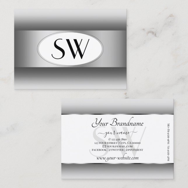 Graue und weiße Ombre-Initialen Silver Oval Frame Visitenkarte (Vorne/Hinten)