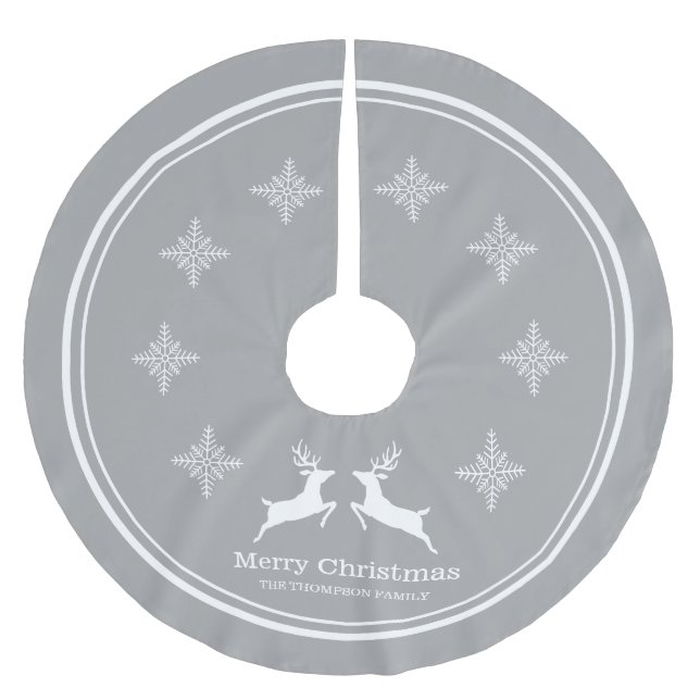 Graue und weiße Rentiere mit Schneeflocken Weihnac Polyester Weihnachtsbaumdecke (Vorderseite)