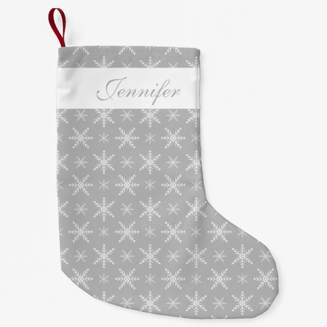 Graue und weiße Schneeflocken mit Individuelle Nam Kleiner Weihnachtsstrumpf (Vorderseite)