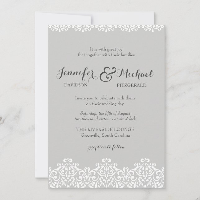 Graue und weiße Spitzen Elegantes Hochzeitsempfang Einladung (Vorderseite)