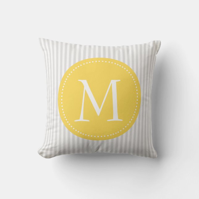 Graue und weiße Streifen Gelb-Monogramm Kissen (Vorderseite)