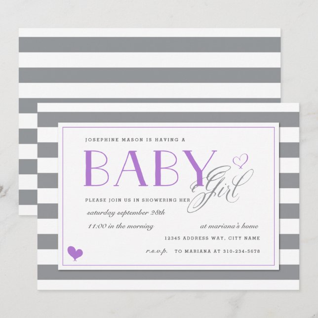 Graue und weiße Stripe Babydusche + Lavendel Lila Einladung (Vorne/Hinten)