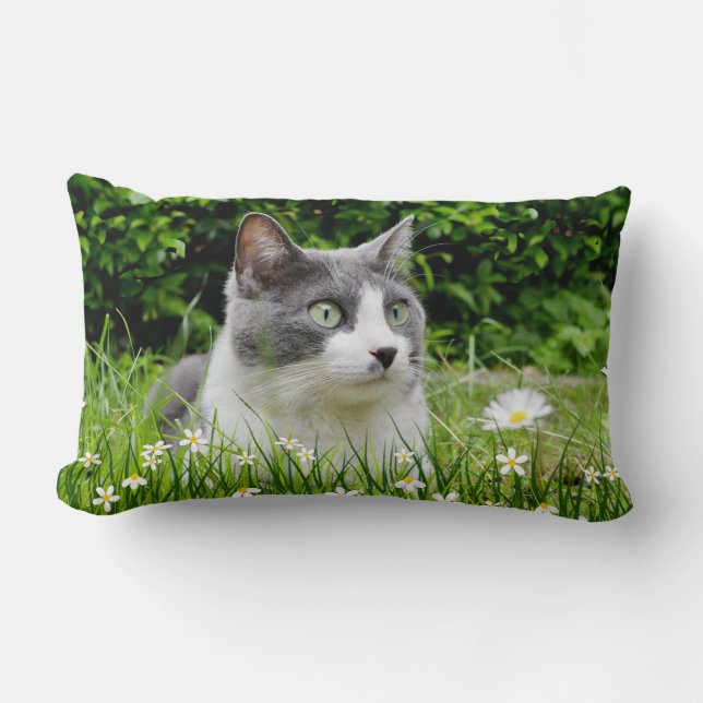 Graue und weiße Tuxedo Katze & Blume Lendenkissen (Vorderseite)