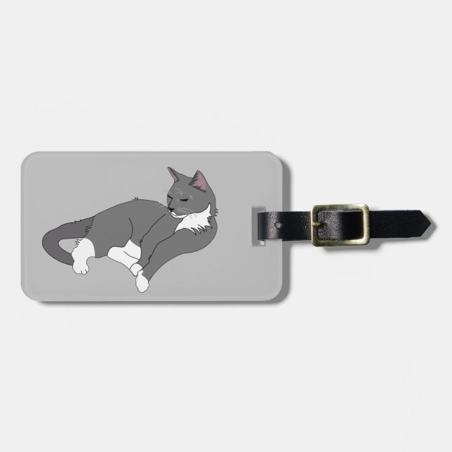 Graue und weiße Tuxedo Katze Gepäckanhänger (Vorderseite horizontal)