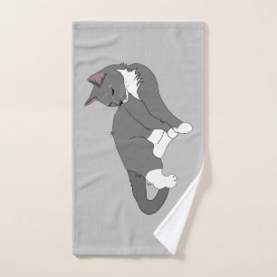 Graue und weiße Tuxedo Katze Handtuch