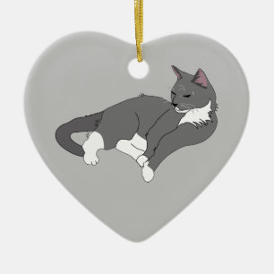 Graue und weiße Tuxedo Katze Keramik Ornament