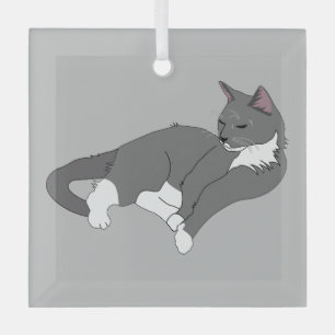Graue und weiße Tuxedo Katze Ornament Aus Glas