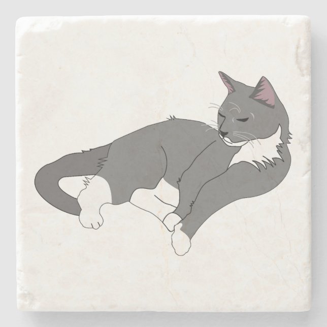 Graue und weiße Tuxedo Katze Steinuntersetzer (Vorderseite)