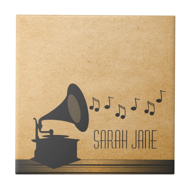 Graue Vintage-Grammophon-Kachel Fliese (Vorderseite)