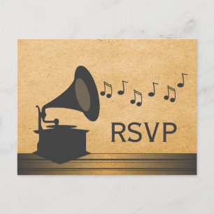 Graue Vintage-Grammophon-RSVP-Postkarte Einladungspostkarte