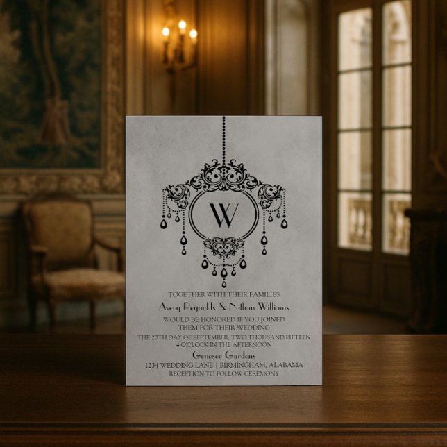 Graue Vintage Kronleuchter Wedite Invite Einladung (Gray Vintage Chandelier Wedding Invite)