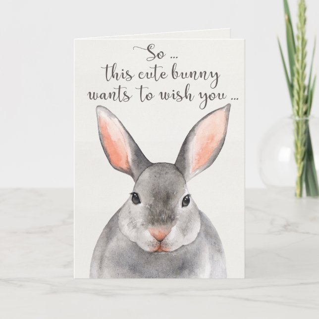 Graue Wasserfarbe Bunny Rabbit Happy Birthday Card Karte (Vorderseite)