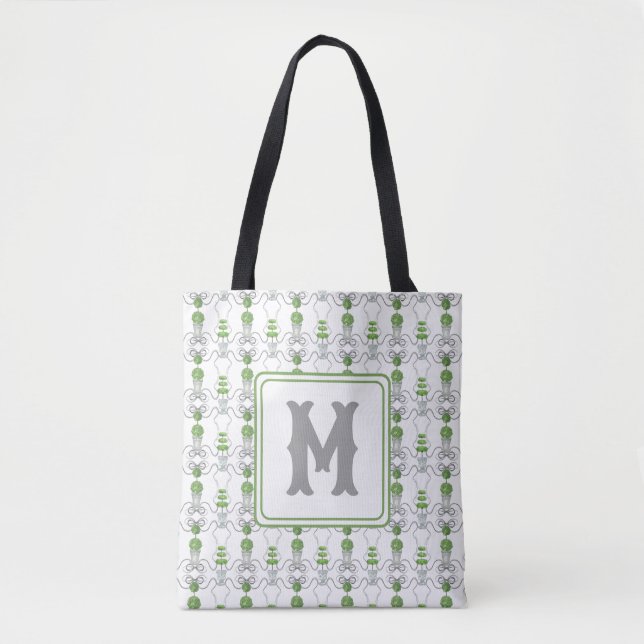 Graue Watercolor-Bogen und Grüne Topiary-Monogramm Tasche (Vorderseite)