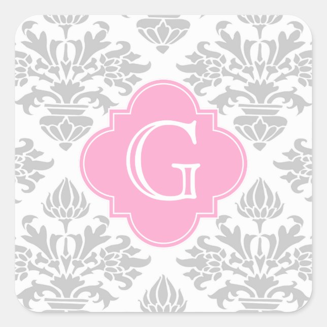 Graue weiße Floral Damask #3 Pink Monogram Label Quadratischer Aufkleber (Vorderseite)
