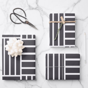 Graue weiße horizontale vertikale Streifen Geschenkpapier Set