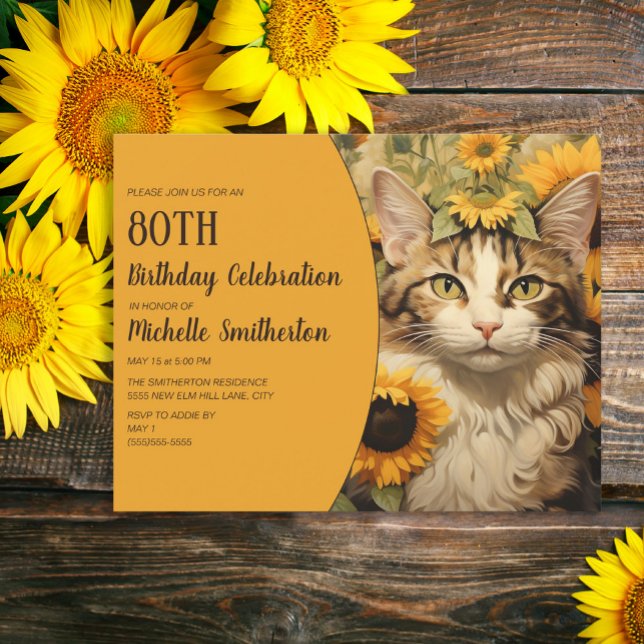 Graue weiße Katzengelbe Sonnenblumen 80. Geburtsta Einladung (Gray and white cat and sunflowers women's 80th birthday party invitation)