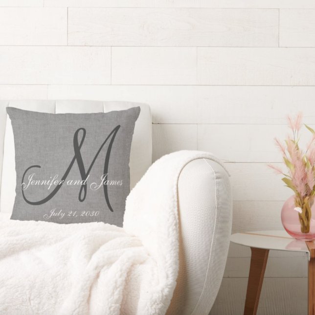 Graue weiße Linen Monogram Wedding Keepake Kissen (Von Creator hochgeladen)