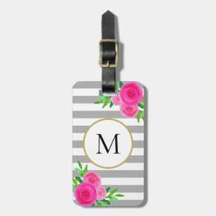 Graue weiße Streifen Pink Aquarell Floral Monogram Gepäckanhänger