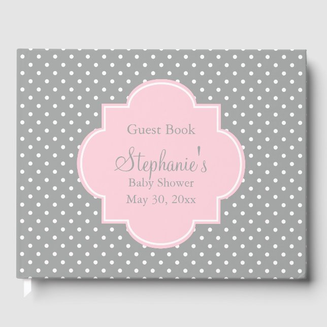 Graue, weiße und pastellrosa Polka Dot Baby Dusche Gästebuch (Vorderseite)
