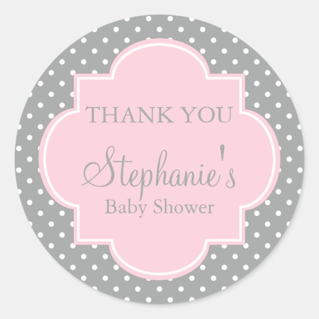 Graue, weiße und pastellrosa Polka Dot Baby Dusche Runder Aufkleber (Vorderseite)