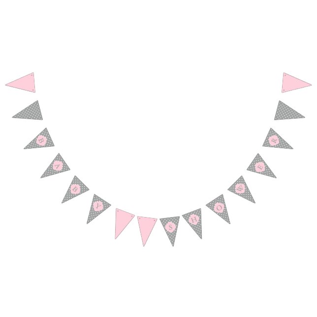 Graue, weiße und pastellrosa Polka Dot Baby Dusche Wimpelkette (Alle)