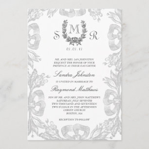Graue weiße Vintage-Eichen-Lorbeer-Hochzeitseinlad Einladung