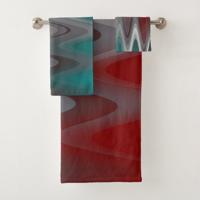 Graue Wellen auf Bordeaux aquamarin Badhandtuch Set (Insitu)