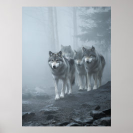 Graue Wölfe im dichten Nebel Poster