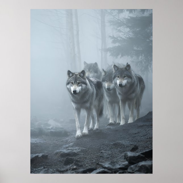 Graue Wölfe im dichten Nebel Poster (Vorne)